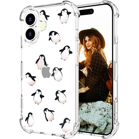 Compatible for iPhone 17 Case, Thin Slim Cute Girly Skin Cases Protector with Airbag Bumper for Women Girls (Clear Lovely Dancing Penguins)