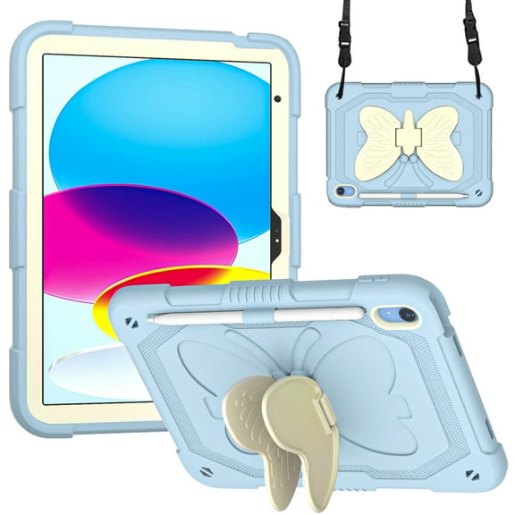 Compatible with iPad 10th Gen 10.9" 2022, Case for Kids Boy Girl Gift, Cute Butterfly Wings Kickstand Shockproof Silicone Heavy Duty Rugged Cover with Shoulder Strap for iPad 10th Gen - Blue+Beige
