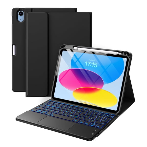 Compatible for iPad Generation Case with Keyboard, Folio Cover with Pencil Holder, Multi-Touch Trackpad, 7 Color Backlit, Detachable Keyboard for iPad (A16) 11th/10th Gen (Black)