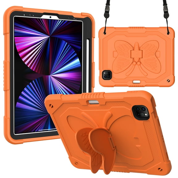 Compatible with iPad Pro 11 2022/2021/2020/2018/Air 4/Air 5, Case for Kids Boy Girl Gift, Cute Butterfly Wings Kickstand Shockproof Silicone Heavy Duty Rugged Cover with Shoulder Strap - Orange