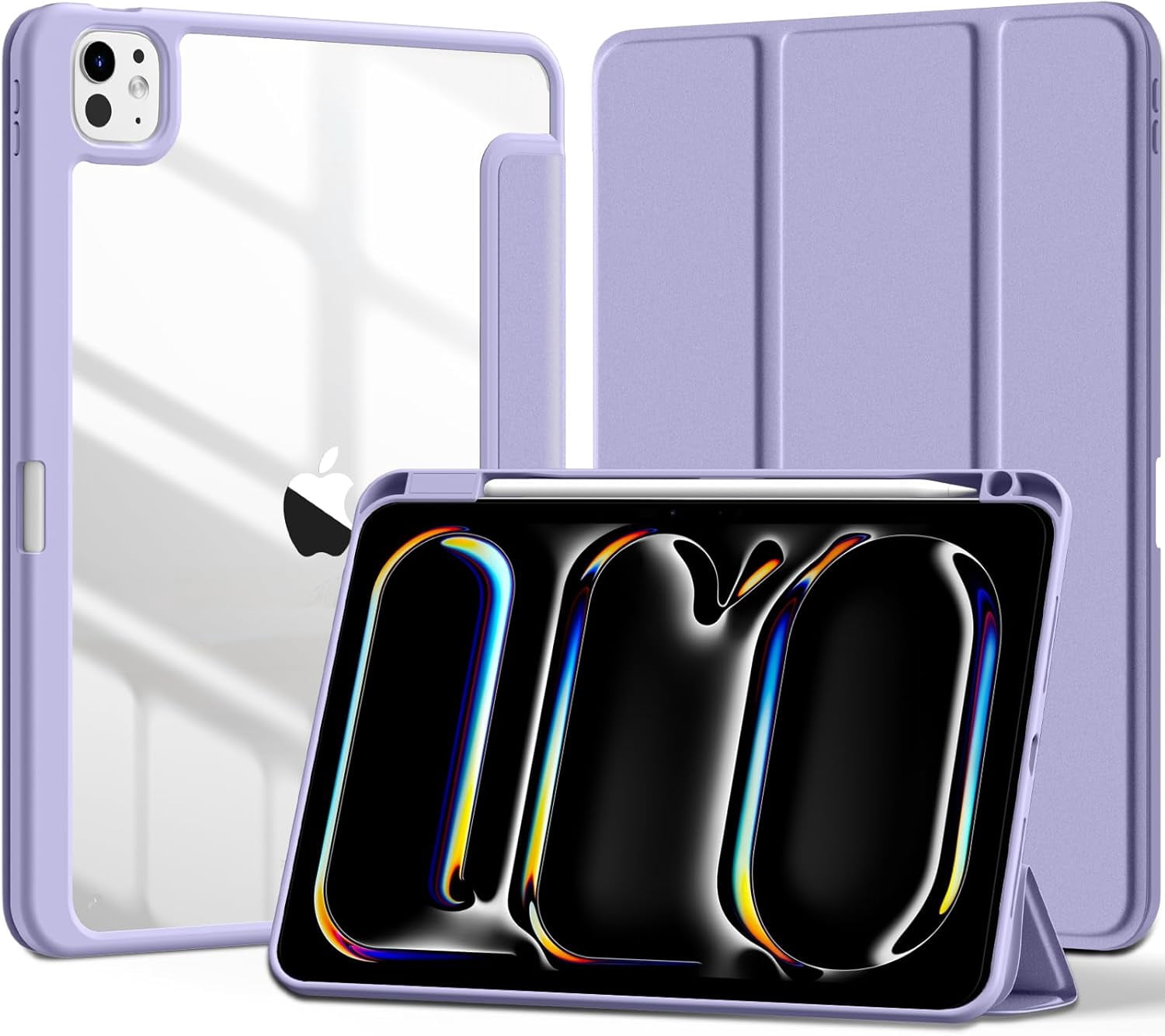 Kidopire IPad Pro 13 Inch Case For M5 2025 & M4 2024 - Clear Hard Shell, Built-in Pencil Holder, Auto Wake/Sleep, Lavender