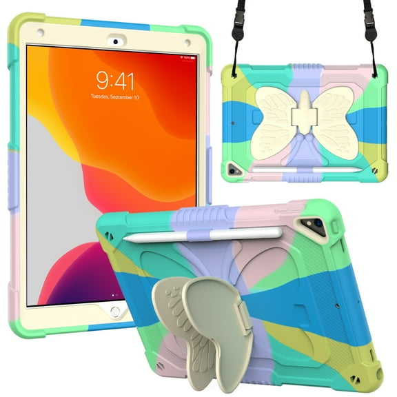 Compatible with iPad mini 6/mini 2024, Case for Kids Boy Girl Gift, Cute Butterfly Wings Kickstand Shockproof Silicone Heavy Duty Rugged Cover with Shoulder Strap - Colorful Green