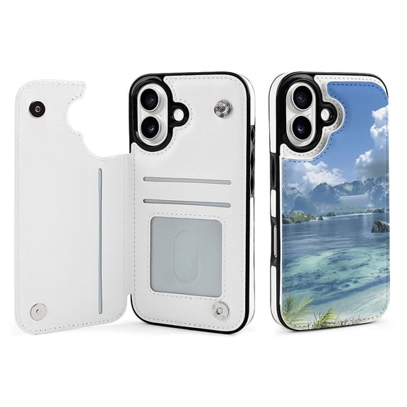 Compatible with iPhone 11 12 13 mini 14 15 16 Pro Max Plus Wallet Case with Card Holder, PU Leather Kickstand Card Slots Case ( Beach Ocean, iPhone 12 Pro Max)