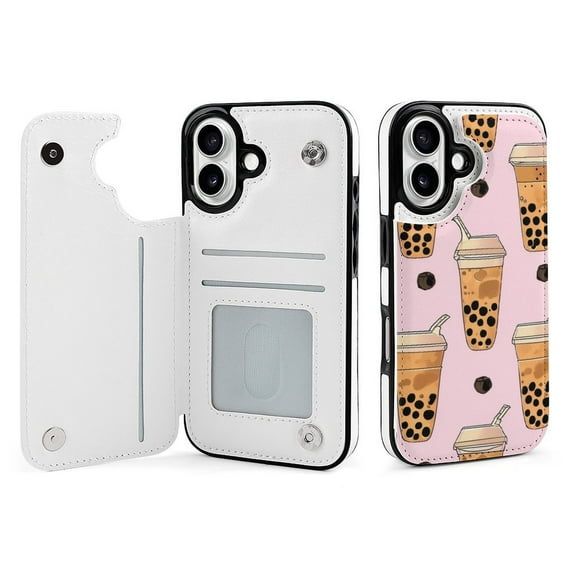 Compatible with iPhone 11 12 13 mini 14 15 16 Pro Max Plus Wallet Case with Card Holder, PU Leather Kickstand Card Slots Case ( Boba Milk Tea, iPhone 13)