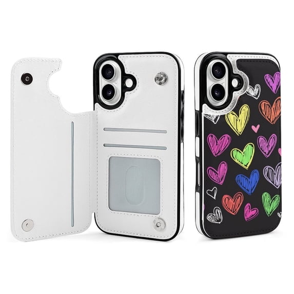 Compatible with iPhone 11 12 13 mini 14 15 16 Pro Max Plus Wallet Case with Card Holder, PU Leather Kickstand Card Slots Case ( Colorful Love Hearts, iPhone 12 mini)
