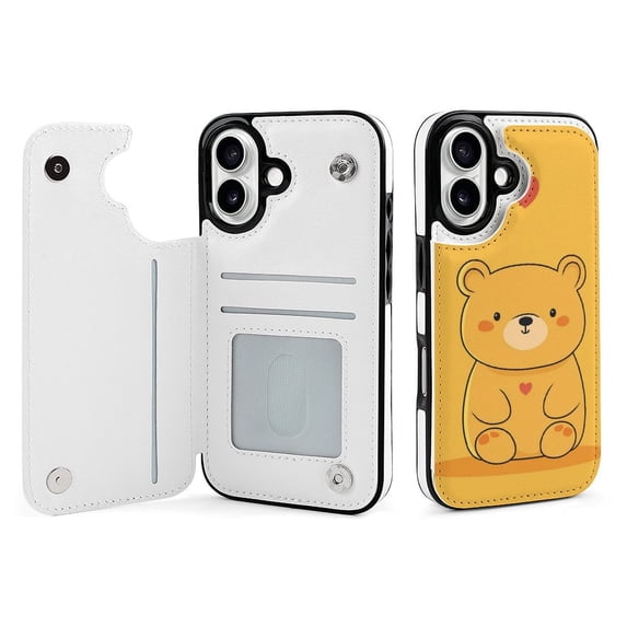 Compatible with iPhone 11 12 13 mini 14 15 16 Pro Max Plus Wallet Case with Card Holder, PU Leather Kickstand Card Slots Case ( Cute Bear Heart, iPhone 15 Plus)