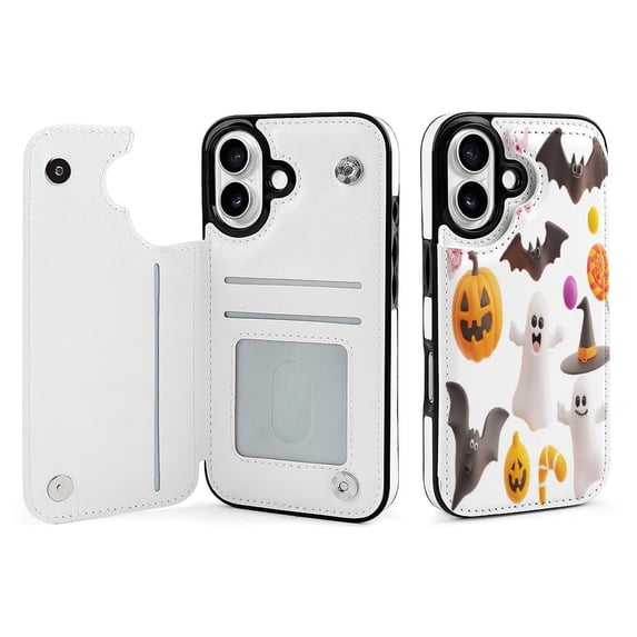 Compatible with iPhone 11 12 13 mini 14 15 16 Pro Max Plus Wallet Case with Card Holder, PU Leather Kickstand Card Slots Case ( Halloween 3d Elements, iPhone 12)