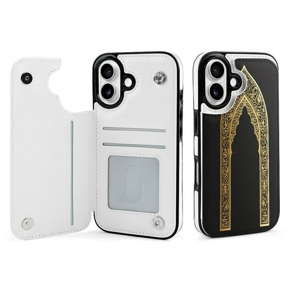 Compatible with iPhone 11 12 13 mini 14 15 16 Pro Max Plus Wallet Case with Card Holder, PU Leather Kickstand Card Slots Case ( Islamic Pattern, iPhone 16)