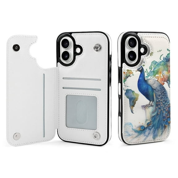 Compatible with iPhone 11 12 13 mini 14 15 16 Pro Max Plus Wallet Case with Card Holder, PU Leather Kickstand Card Slots Case ( Map Peacock, iPhone 13)