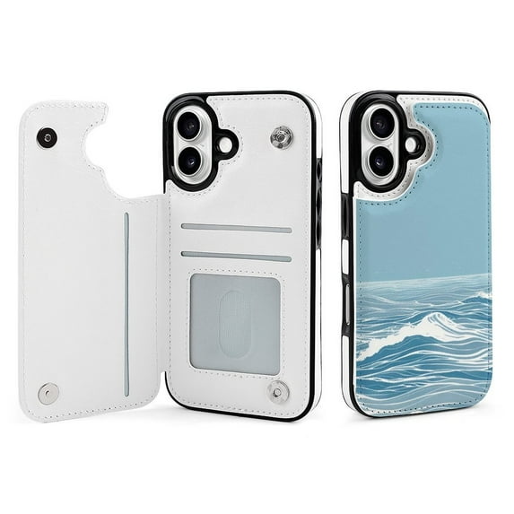 Compatible with iPhone 11 12 13 mini 14 15 16 Pro Max Plus Wallet Case with Card Holder, PU Leather Kickstand Card Slots Case ( Ocean Wave Blue, iPhone 16)