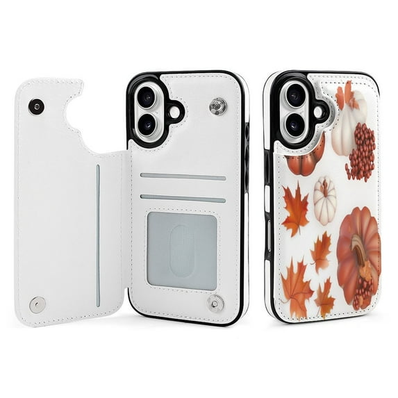 Compatible with iPhone 11 12 13 mini 14 15 16 Pro Max Plus Wallet Case with Card Holder, PU Leather Kickstand Card Slots Case ( Pumpkins And Fall Leaves., iPhone 12 Pro Max)