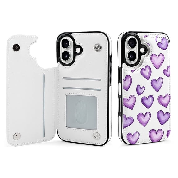 Compatible with iPhone 11 12 13 mini 14 15 16 Pro Max Plus Wallet Case with Card Holder, PU Leather Kickstand Card Slots Case ( Purple Hearts, iPhone 13)