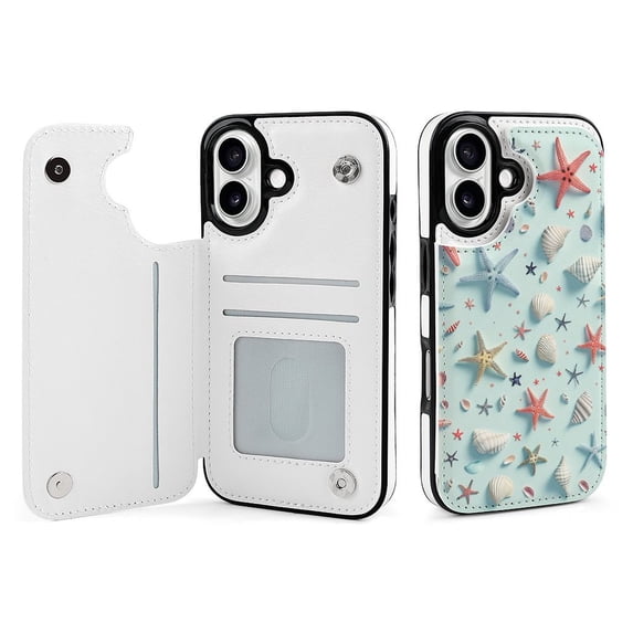 Compatible with iPhone 11 12 13 mini 14 15 16 Pro Max Plus Wallet Case with Card Holder, PU Leather Kickstand Card Slots Case ( Starfish Shells Blue, iPhone 13 Pro)