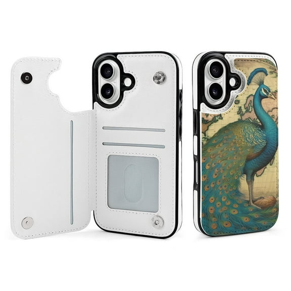 Compatible with iPhone 11 12 13 mini 14 15 16 Pro Max Plus Wallet Case with Card Holder, PU Leather Kickstand Card Slots Case ( World Map Peacock, iPhone 14 Pro Max)