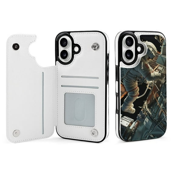 Compatible with iPhone 11 12 13 mini 14 15 16 Pro Max Plus Wallet Case with Card Holder, PU Leather Kickstand Card Slots Case ( Astronaut, iPhone 16 Pro)