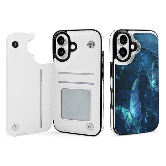 Compatible with iPhone 11 12 13 mini 14 15 16 Pro Max Plus Wallet Case with Card Holder, PU Leather Kickstand Card Slots Case ( Butterfly Ocean, iPhone 13)