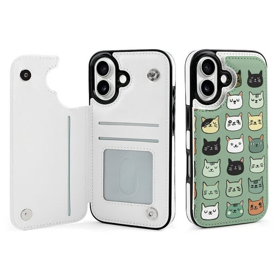 Compatible with iPhone 11 12 13 mini 14 15 16 Pro Max Plus Wallet Case with Card Holder, PU Leather Kickstand Card Slots Case ( Cats Doodle, iPhone 11)