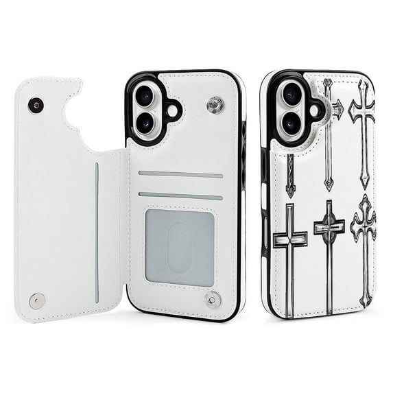 Compatible with iPhone 11 12 13 mini 14 15 16 Pro Max Plus Wallet Case with Card Holder, PU Leather Kickstand Card Slots Case ( Christian Cross Vector, iPhone 12 Pro)