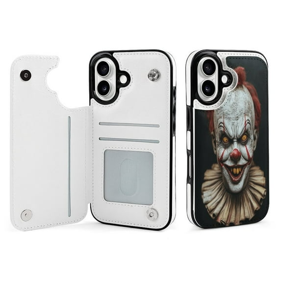 Compatible with iPhone 11 12 13 mini 14 15 16 Pro Max Plus Wallet Case with Card Holder, PU Leather Kickstand Card Slots Case ( Creep Clown, iPhone 15 Pro)