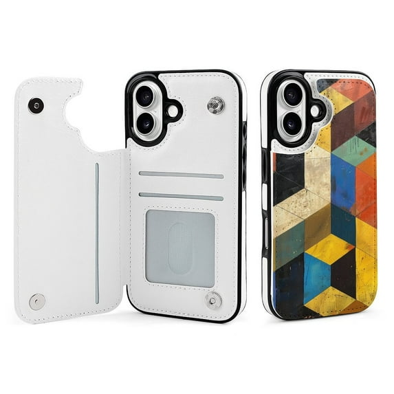 Compatible with iPhone 11 12 13 mini 14 15 16 Pro Max Plus Wallet Case with Card Holder, PU Leather Kickstand Card Slots Case ( Cube, iPhone 15 Pro Max)