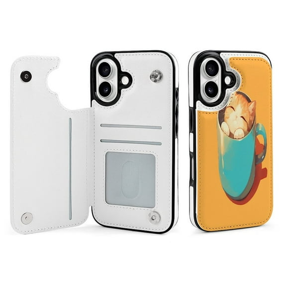 Compatible with iPhone 11 12 13 mini 14 15 16 Pro Max Plus Wallet Case with Card Holder, PU Leather Kickstand Card Slots Case ( Cute Cap Cup, iPhone 16)