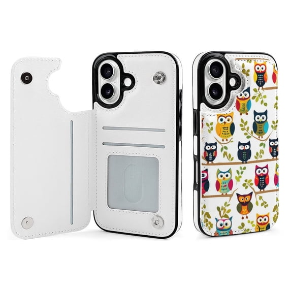 Compatible with iPhone 11 12 13 mini 14 15 16 Pro Max Plus Wallet Case with Card Holder, PU Leather Kickstand Card Slots Case ( Cute Owl Pattern, iPhone 16)