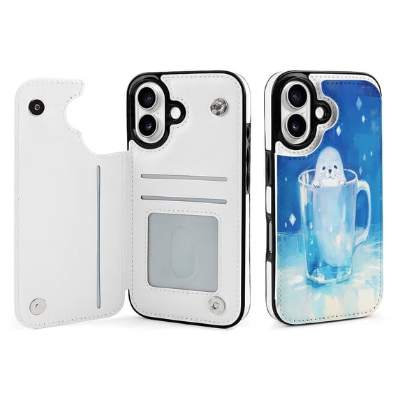 Compatible with iPhone 11 12 13 mini 14 15 16 Pro Max Plus Wallet Case with Card Holder, PU Leather Kickstand Card Slots Case ( Cute Seal In Cup, iPhone 11)