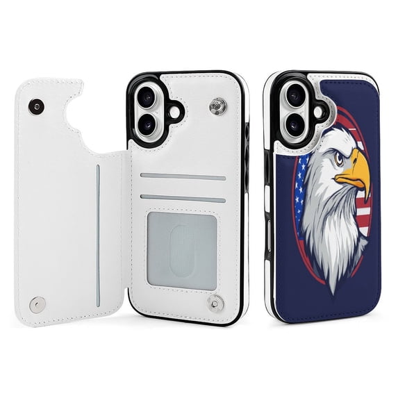 Compatible with iPhone 11 12 13 mini 14 15 16 Pro Max Plus Wallet Case with Card Holder, PU Leather Kickstand Card Slots Case ( Eagle, America Flag Background, iPhone 13 mini)