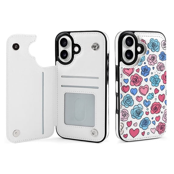 Compatible with iPhone 11 12 13 mini 14 15 16 Pro Max Plus Wallet Case with Card Holder, PU Leather Kickstand Card Slots Case ( Hand Drawing Heart Flower, iPhone 16)