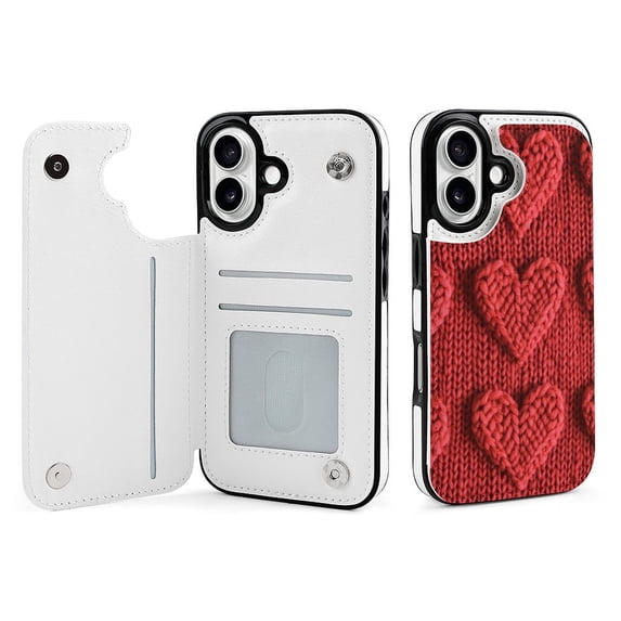 Compatible with iPhone 11 12 13 mini 14 15 16 Pro Max Plus Wallet Case with Card Holder, PU Leather Kickstand Card Slots Case ( Knitted Red Heart Pattern, iPhone 11)