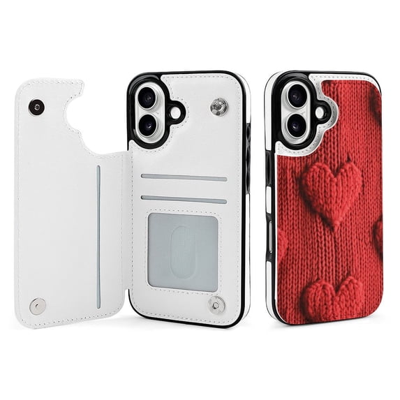 Compatible with iPhone 11 12 13 mini 14 15 16 Pro Max Plus Wallet Case with Card Holder, PU Leather Kickstand Card Slots Case ( Knitted Red Heart Pattern, iPhone 16 Pro Max)