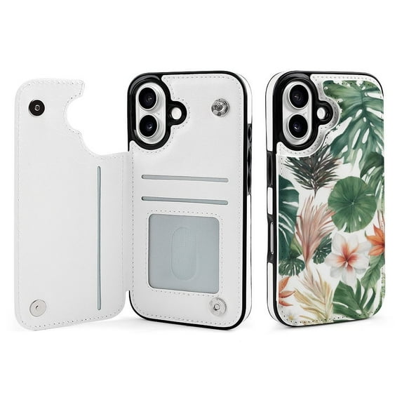 Compatible with iPhone 11 12 13 mini 14 15 16 Pro Max Plus Wallet Case with Card Holder, PU Leather Kickstand Card Slots Case ( Leaf Flowers Nordic Tropical Plants, iPhone 13 mini)