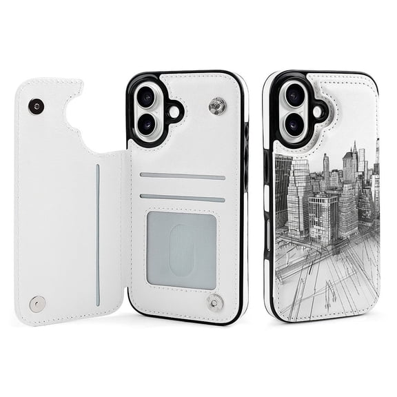 Compatible with iPhone 11 12 13 mini 14 15 16 Pro Max Plus Wallet Case with Card Holder, PU Leather Kickstand Card Slots Case ( Manhattan Hologram, iPhone 15 Pro Max)