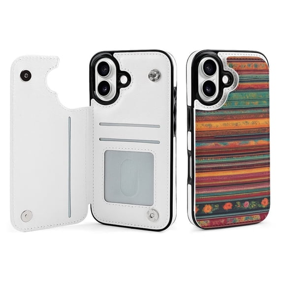 Compatible with iPhone 11 12 13 mini 14 15 16 Pro Max Plus Wallet Case with Card Holder, PU Leather Kickstand Card Slots Case ( Mexican BOHO Strips, iPhone 11)