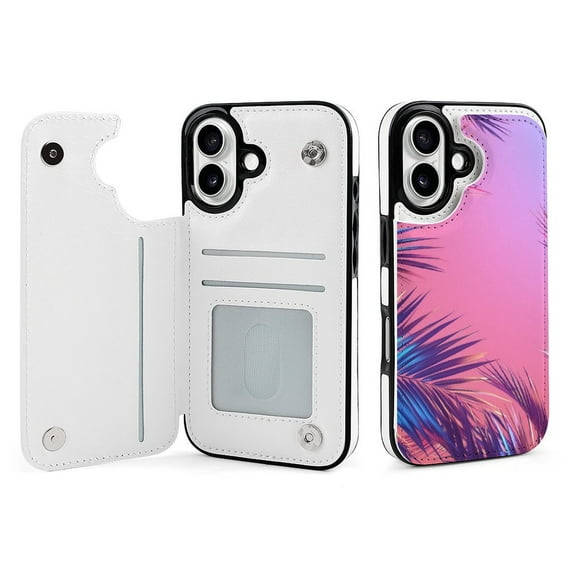 Compatible with iPhone 11 12 13 mini 14 15 16 Pro Max Plus Wallet Case with Card Holder, PU Leather Kickstand Card Slots Case ( Neon Color Tropical Plant, iPhone 14 Pro)