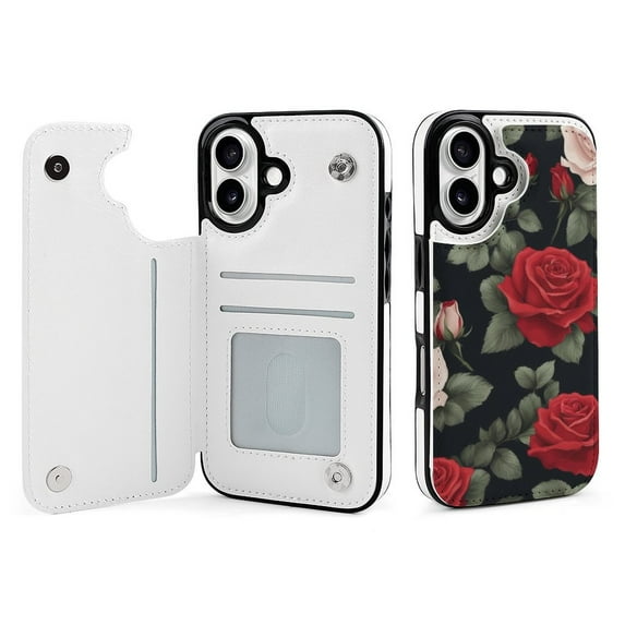 Compatible with iPhone 11 12 13 mini 14 15 16 Pro Max Plus Wallet Case with Card Holder, PU Leather Kickstand Card Slots Case ( Red Rose, iPhone 11 Pro Max)