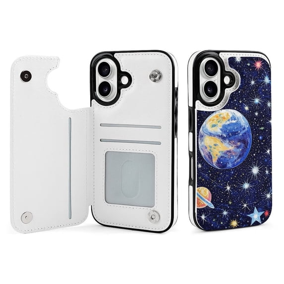 Compatible with iPhone 11 12 13 mini 14 15 16 Pro Max Plus Wallet Case with Card Holder, PU Leather Kickstand Card Slots Case ( Star Around Planet, iPhone 16 Pro Max)