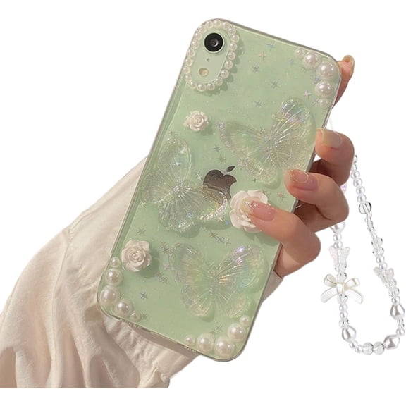 Compatible for iPhone 11 3D Butterfly Floral Clear with Design Aesthetic Women Teen Girls Glitter Pretty Crystal Sparkle Sparkly Cute Girly Phone Cases Protective Cover+Pearl Chain-Clear