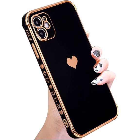 Compatible for iPhone 11 6.1 Inch Case Plating Love Heart Phone Case, Fun Cute Side Small Pattern Soft TPU Airbag Anti-Fall Shockproof Camera Protective Electroplated Case - Pink