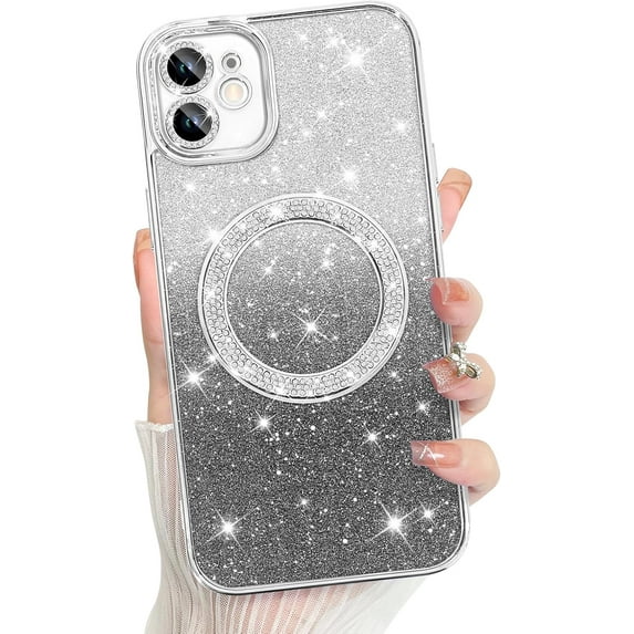Compatible with iPhone 11 6.1 Inch Case Support for MagSafe, Plating Diamond Glitter Magnetic Case 2* Screen Protector Camera Protection Back Cover for iPhone 11 Case -Silver