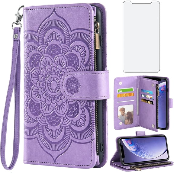 Compatible with iPhone 11 6.1 Wallet Case and Tempered Glass Screen Protector Flower Leather Flip Card Holder Cell Phone Cover for iphone11case iPhone11 i Phone11 11s XI 11R Women Men Purple