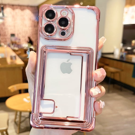 Compatible with iPhone 11 Back Case with Card Holder, Electroplated Clear Ultra-Thin Shockproof Credit Card Slot Protective Anti-yellow Phone Cover for iPhone 11, Rosegold