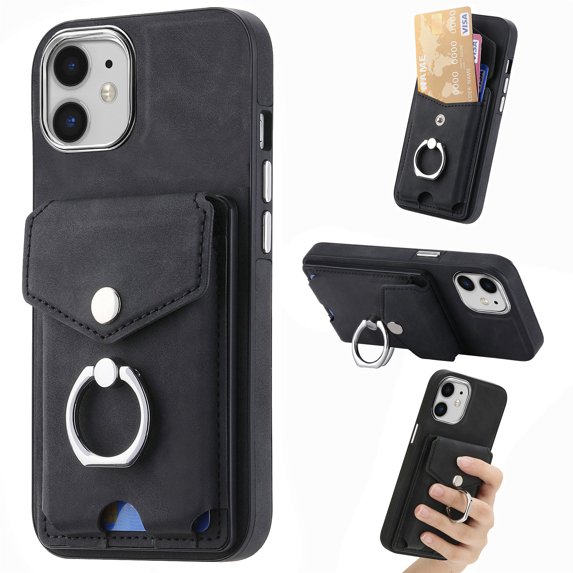 Compatible with iPhone 11 Card Slot Back Case, 360 Degree Rotatable Ring Stand Plating Button PU Leather Support Magnetic Car Mount Phone Case Cover for iPhone 11, Black