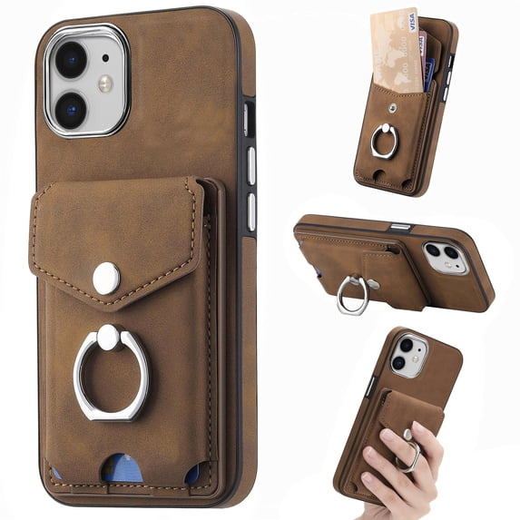 Compatible with iPhone 11 Card Slot Back Case, 360 Degree Rotatable Ring Stand Plating Button PU Leather Support Magnetic Car Mount Phone Case Cover for iPhone 11, Brown