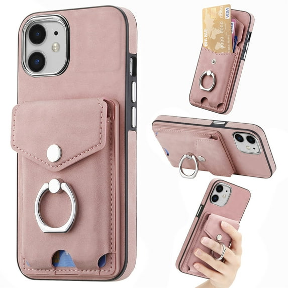 Compatible with iPhone 11 Card Slot Back Case, 360 Degree Rotatable Ring Stand Plating Button PU Leather Support Magnetic Car Mount Phone Case Cover for iPhone 11, Pink