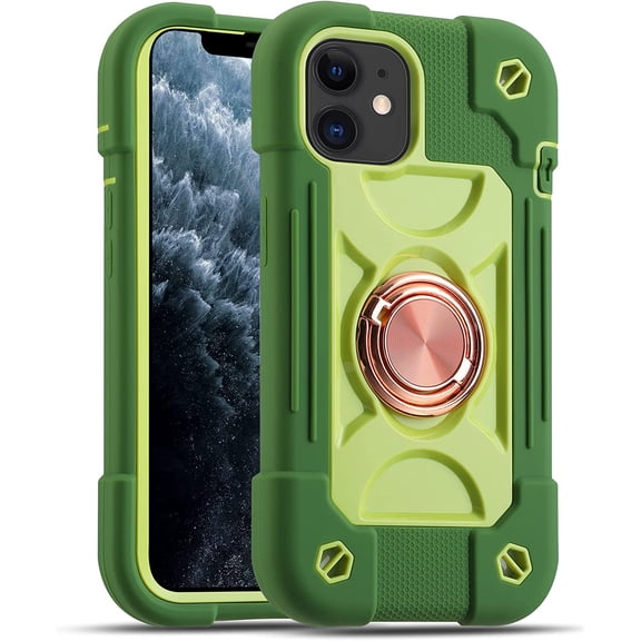 Compatible with iPhone 11 Case 6.1 Inch with 360°Rotate Ring Stand, Military Grade Drop Protection Full Body Rugged Heavy Duty Case 3 in 1 Protective Cover (Avocado)