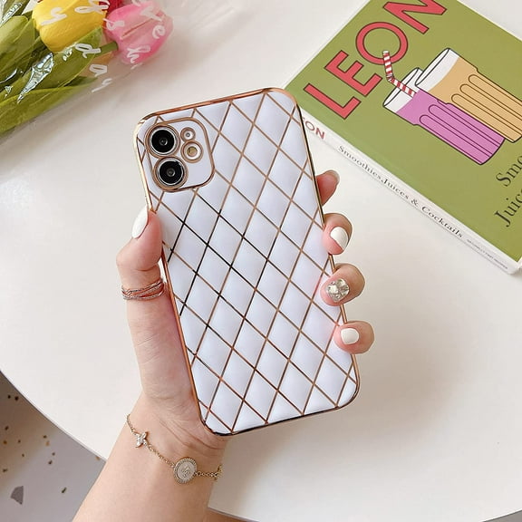 Compatible with iPhone 11 Case, 6.1-Inch, Soft Silicone TPU Rubber Shockproof Protective Bumper Electroplated Diamond-Shaped Pattern Girls Women Back Case Cover for iPhone 11, White