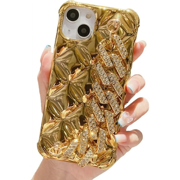 Compatible with iPhone 11 Case Bling Luxury Hand Strap for Women Girls, 3D Glitter Sparkle Diamond Crystal Wrist Bracket Airbags Bumper Shockproof Protective Cover Case,6.1 Inch, Gold