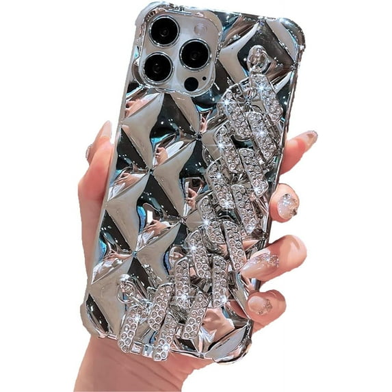 Compatible with iPhone 11 Case Bling Luxury Hand Strap for Women Girls, 3D Glitter Sparkle Diamond Crystal Wrist Bracket Airbags Bumper Shockproof Protective Cover Case,6.1 Inch, Silver