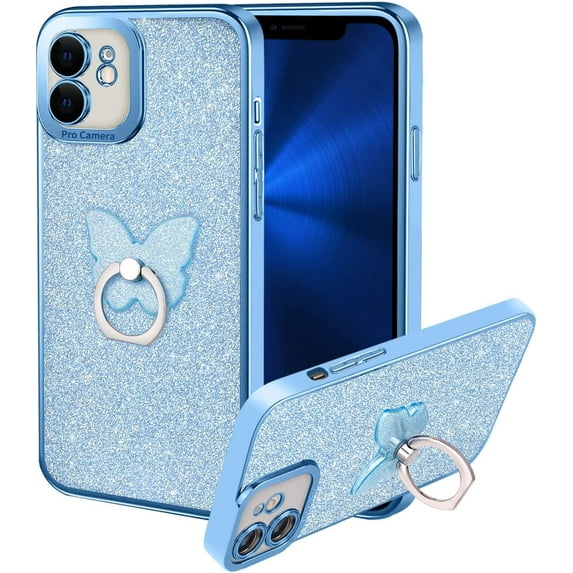 Compatible with iPhone 11 Case with Butterfly Bracket Ring Stand Glitter,Luxury Cute Clear Flexible Cover Camera Protection Shockproof Phone Case for Women Girl-Blue
